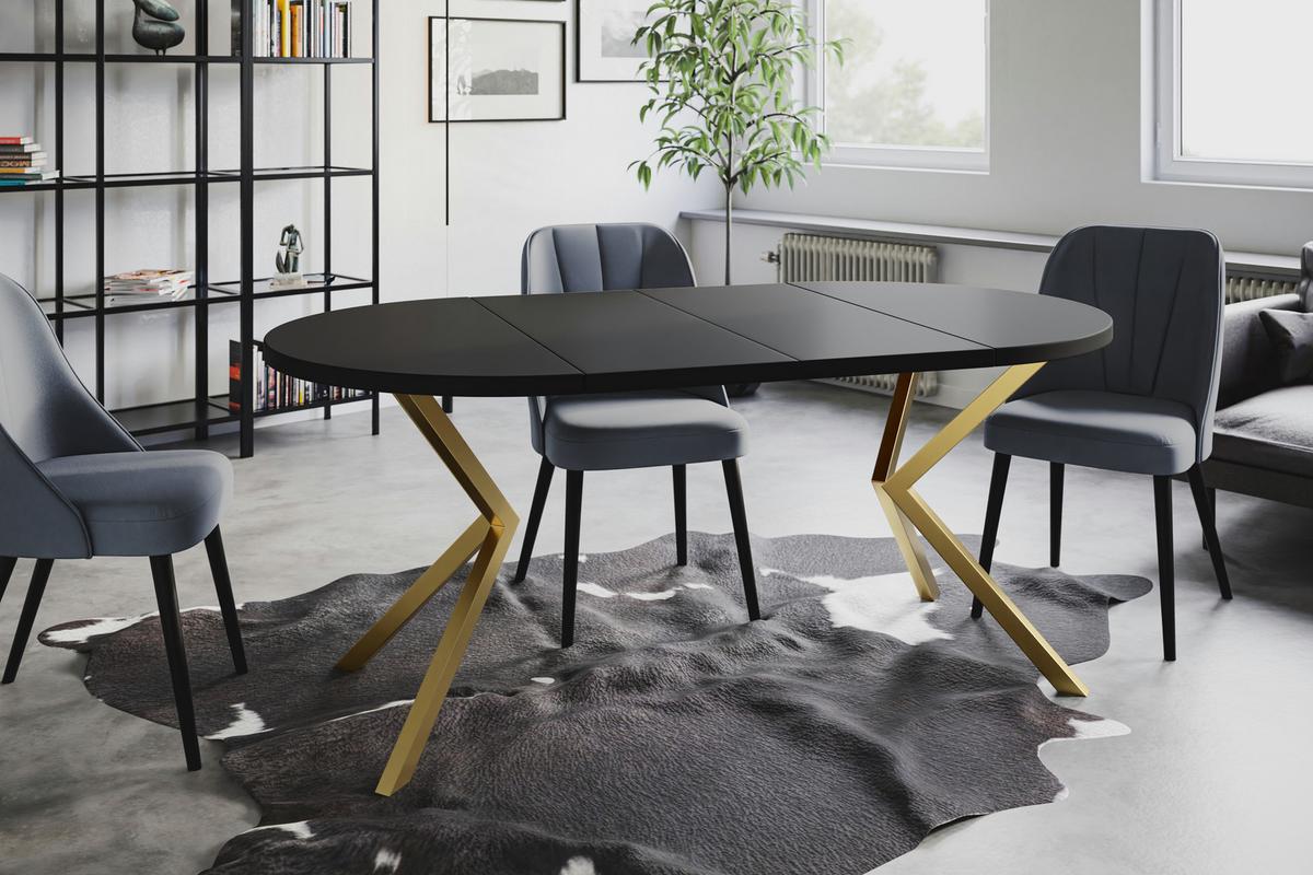 RUNDER Esszimmertisch LOFT LITEN, ausziehbarer Tisch Durchmesser: 120 cm/200 cm, Wohnzimmertisch Farbe: Schwarz, mit Metallbeinen in Farbe Gold - Goldfarben/Schwarz, Holzwerkstoff (120/120/76cm) - Alpi-Möbel