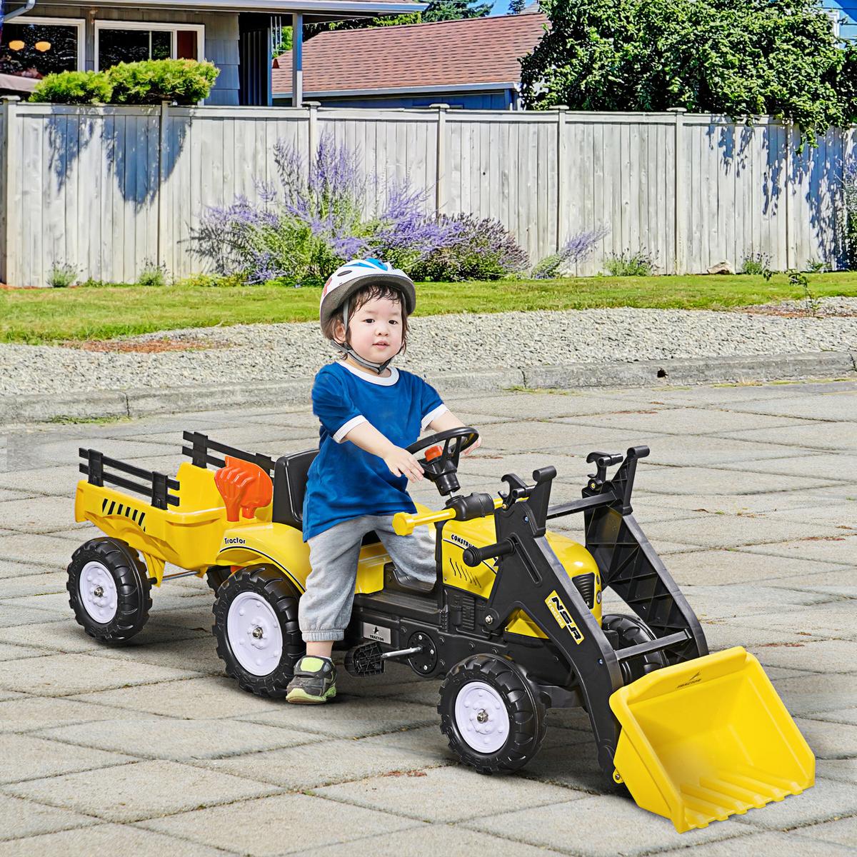TRETTRAKTOR mit Anhänger Tretauto und Anhänger Traktor ab 3 Jahre Kinder - Gelb, Metall (167/41/52cm) - HOMCOM