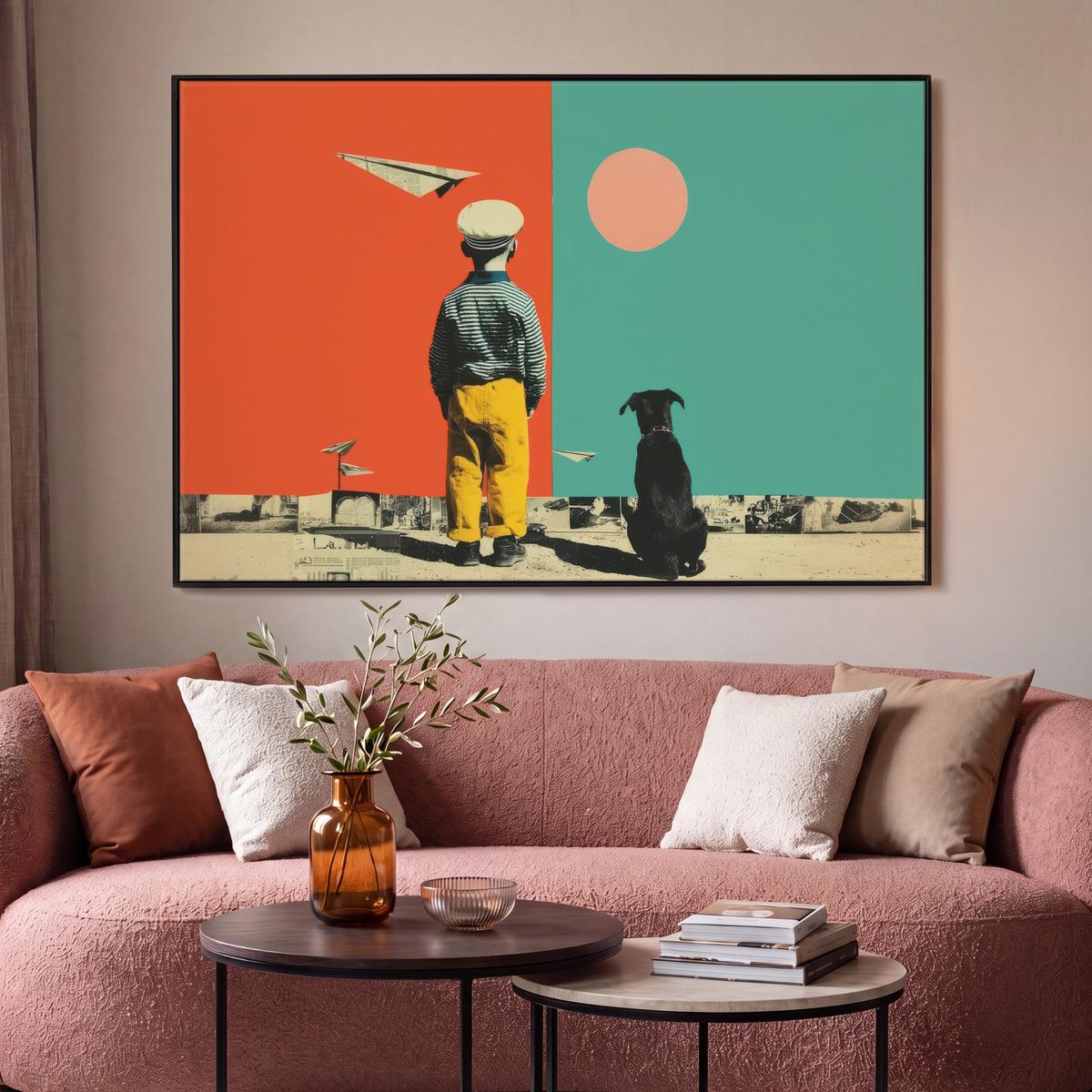 LEINWAND Bilder mit Rahmen - Retro - Junge - Hund - Rot - Grün - 120x80 - Orange, Textil (120/80cm) - MuchoWow