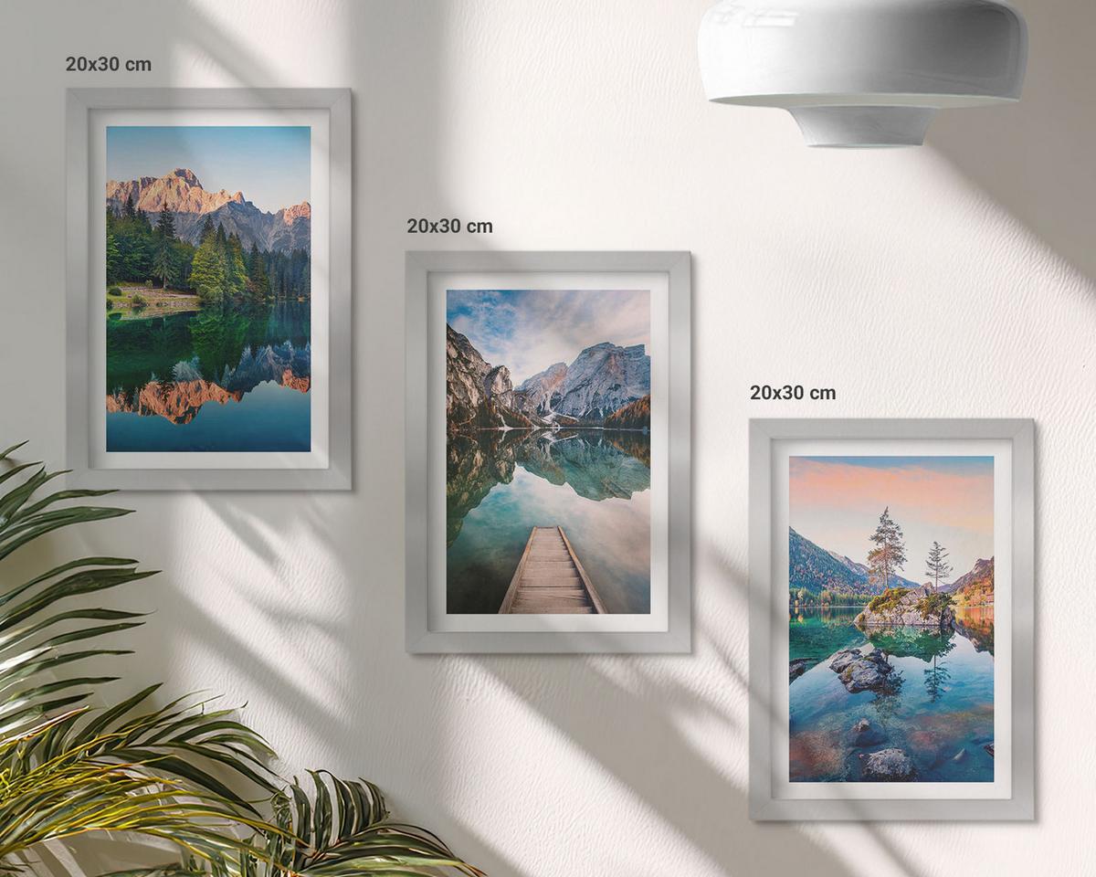 BILDER SET 3er Set - 20x30 cm Silberner Rahmen - Spiegelung des Waldes in Bergseen - Silberfarben, Kunststoff (20/30cm) - TULUP
