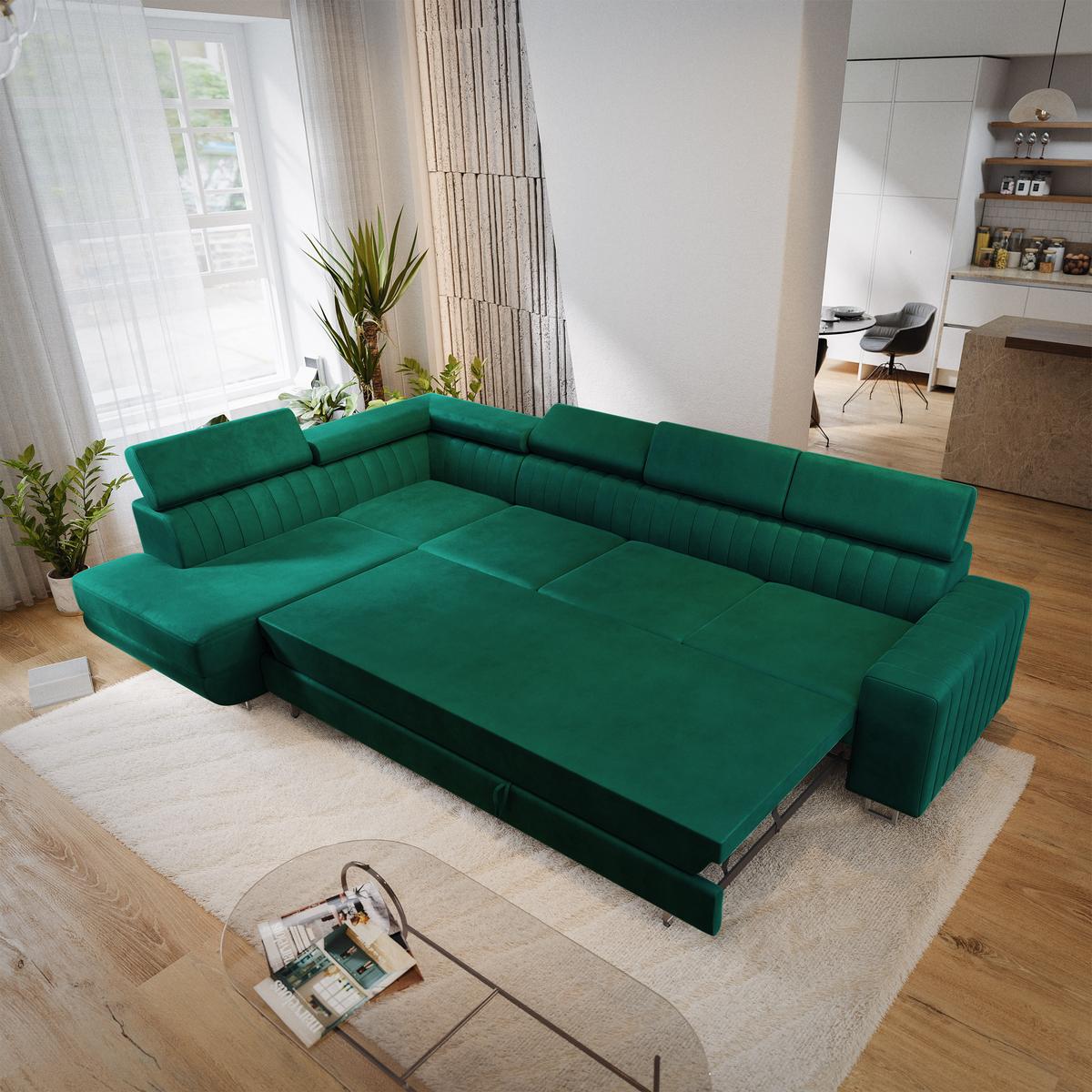 ECKSOFA HESTION Grün Velours-Stoff mit Schlaffunktion - Grün, Holz (332/190cm) - MASSENO