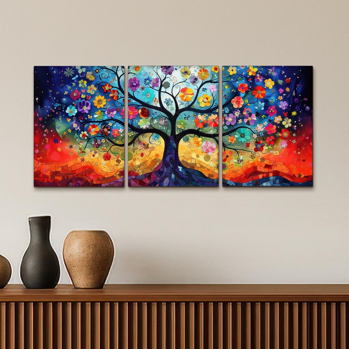 LEINWANDBILD 3er Set Bunt - Baum des Lebens - Blumen - Abstrakt 90x40 cm - Blau, Textil (90/40cm) - MuchoWow