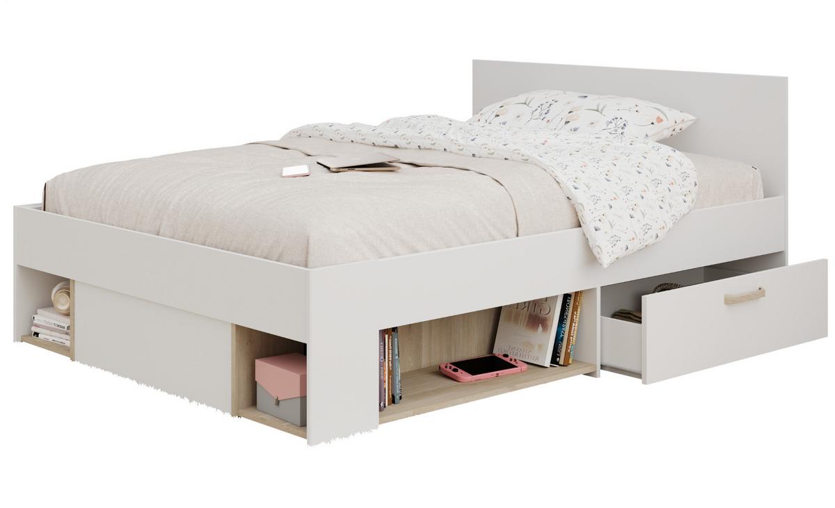STAURAUMBETT weiß, Eiche Liegefläche 120 x 200 cm, Bett inklusive Bettschubkasten - Eichefarben/Weiß, Holzwerkstoff/Metall (120/200cm) - Parisot Meuble