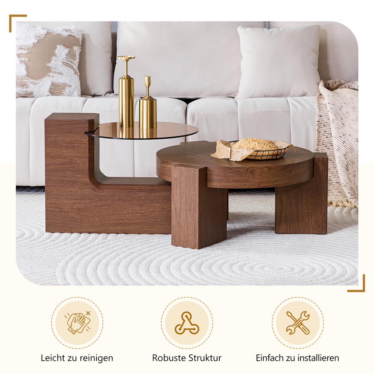 COUCHTISCH 2er-set nussbaum-optik & braunes glas trennbar - Walnussfarben, Holzwerkstoff (61/61/30cm) - Urban Meuble