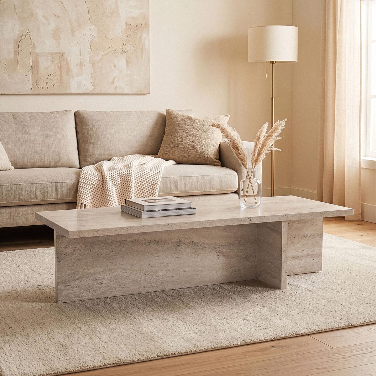 COUCHTISCH mit rechteckiger Platte und asymmetrischem Fuß L120 cm - HARBOR - Beige, Holzwerkstoff (120/45/30cm) - Calicosy