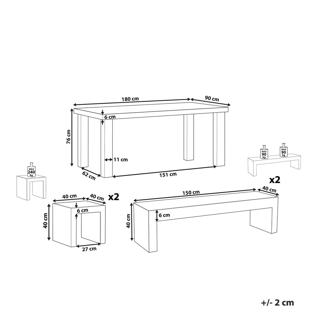 GARTENMÖBEL SET 6-Sitzer Beton Grau 2 Bänke U-Form 2 Hocker Taranto - Grau, Stein - Beliani