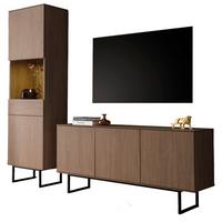 WOHNWAND in Nussbaum 2-teilig 220 cm, Komplett-Set mit Push-to-Open - Nussbaumfarben/Schwarz, Glas/Holzwerkstoff (220/200/40cm) - Furn.Design