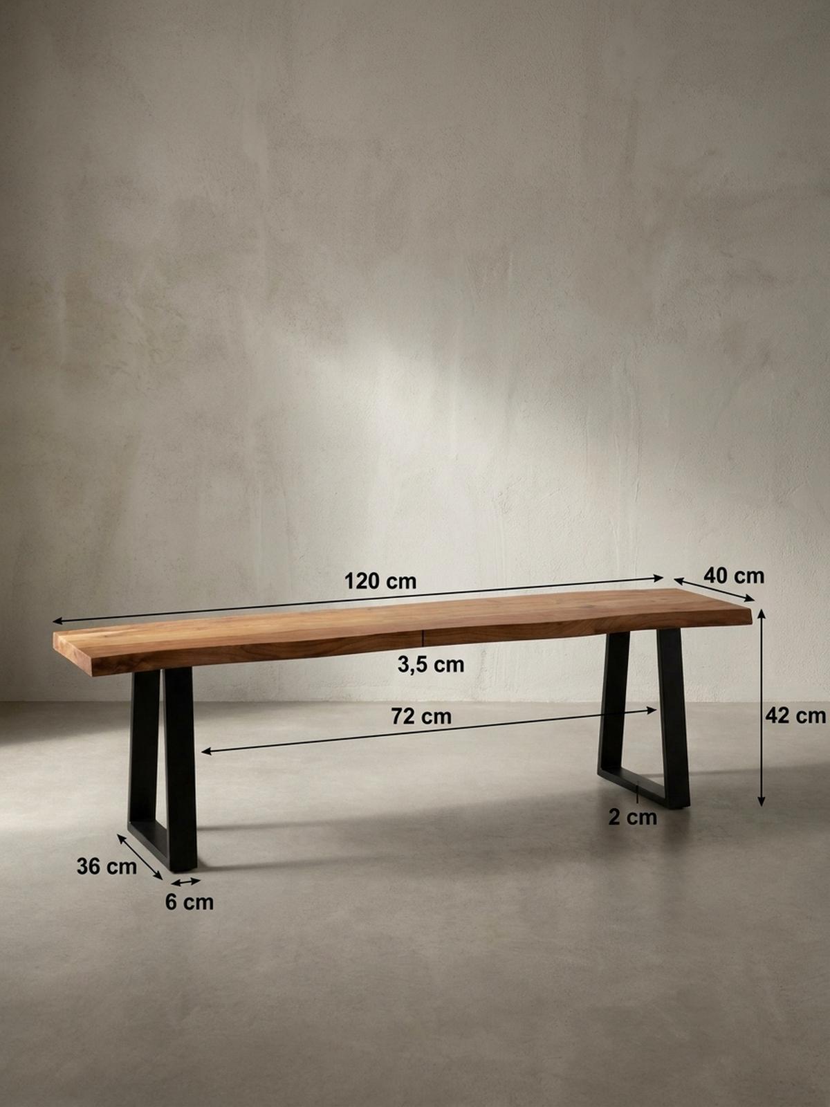 ESSZIMMERBANK Massivholz Metall Baumkante ohne Lehne, Akazie 120x40x46 cm - Schwarz/Braun, Holz/Metall (120/46/40cm) - KADIMA DESIGN