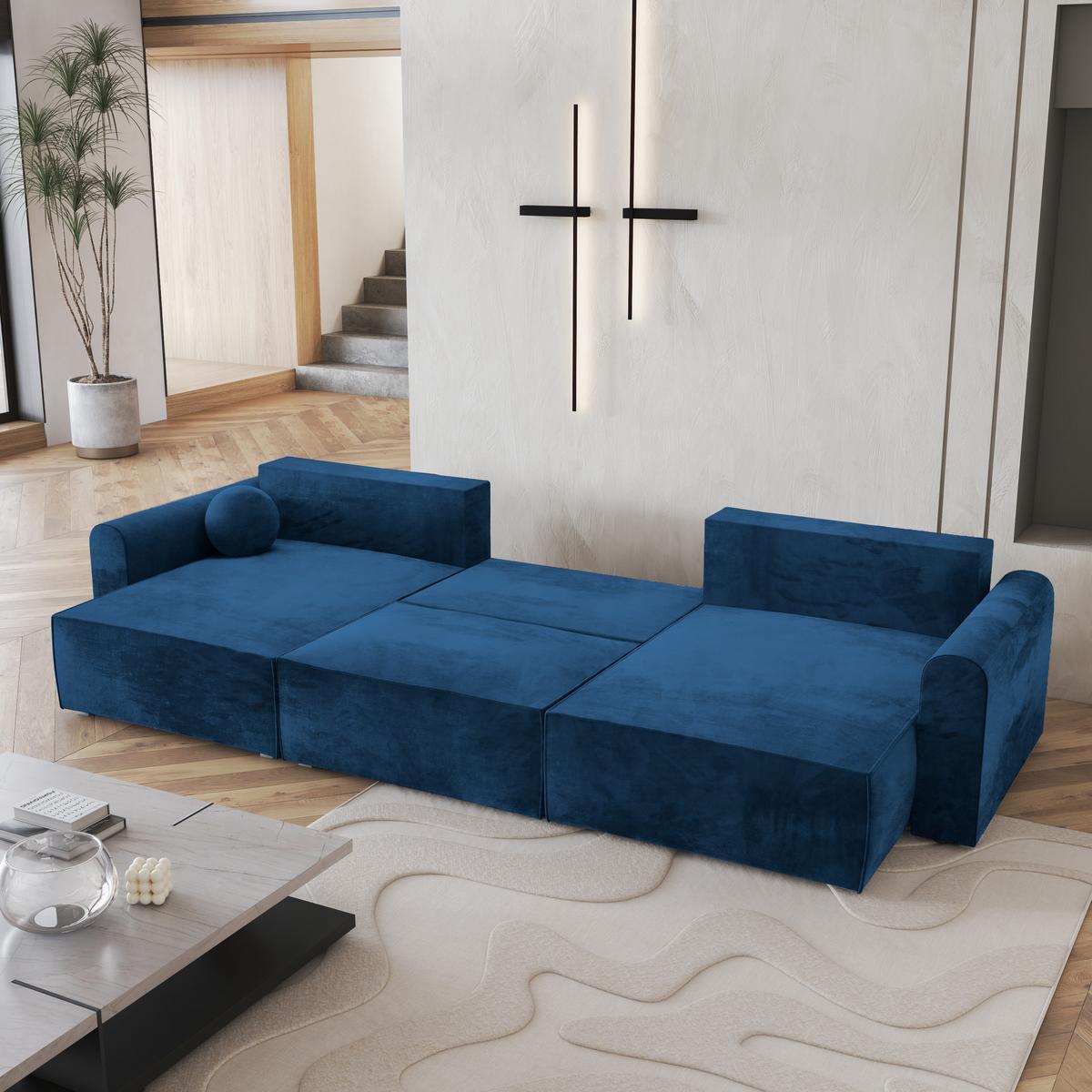 WOHNLANDSCHAFT FENTO M Blau Velours-Stoff mit Schlaffunktion - Blau/Grau, Holz/Kunststoff (347/90/148cm) - MASSENO