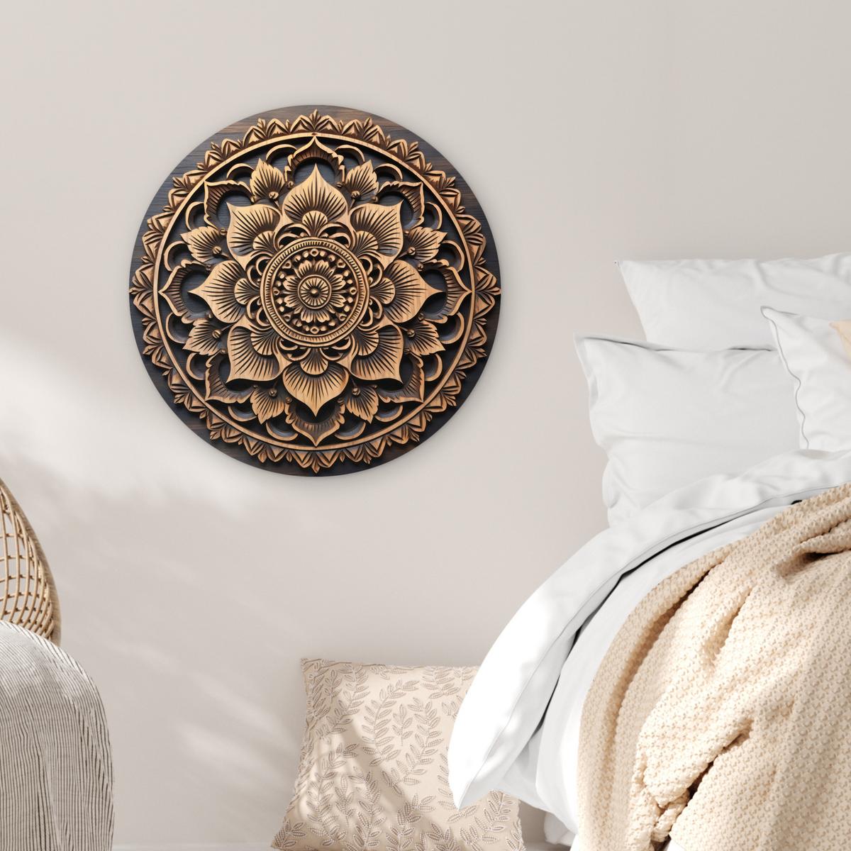 WANDBILD Mandala - Holz - Blumen - Braun Wanddeko Schlafzimmer 60x60 cm - Gelb, Kunststoff (60/60cm) - MuchoWow