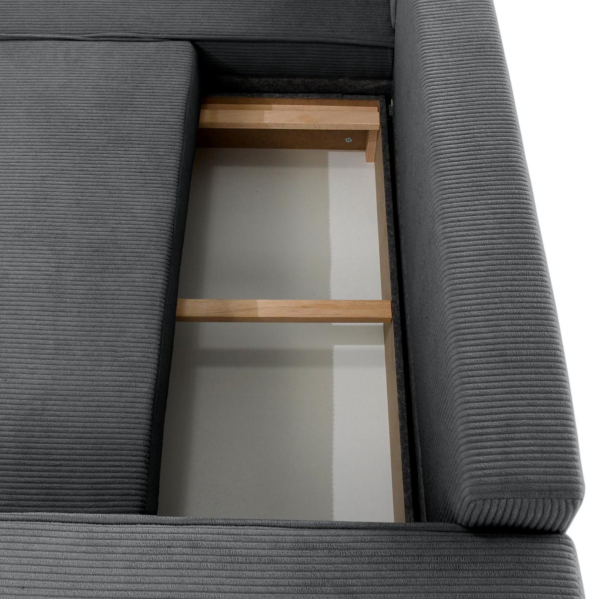 ECKSCHLAFSOFA Neapol mit Bettkasten, 255 cm, Cord-Stoff, Dunkelgrau - Dunkelgrau/Schwarz, Textil (256/148cm) - Beautysofa