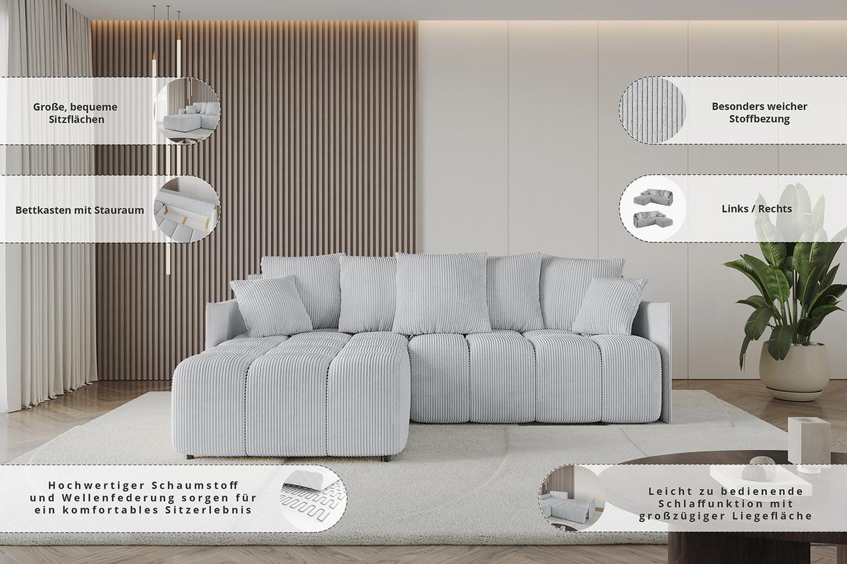 ECKSOFA Ottomane rechts LONLI-L 251x189x68 Schwarz Velours - Schwarz, Holzwerkstoff/Kunststoff (189/251cm) - ALTDECOR