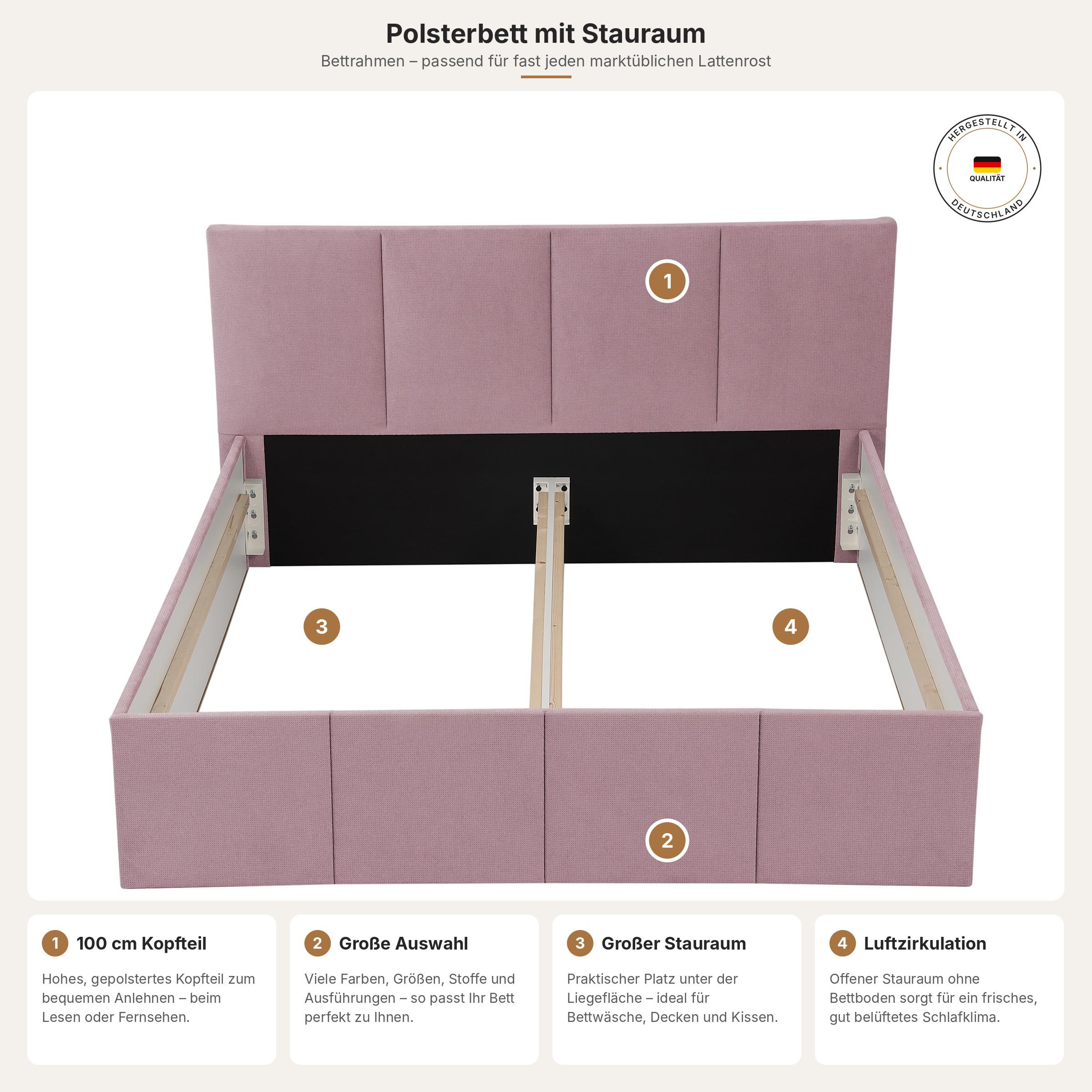 POLSTERBETT Dalas Rose 180 x 200 x 40 cm Stauraum Ohne Matratze und Lattenrost - Rosa, Holz (180/200cm) - Halmon Schlafkomfort Betten 