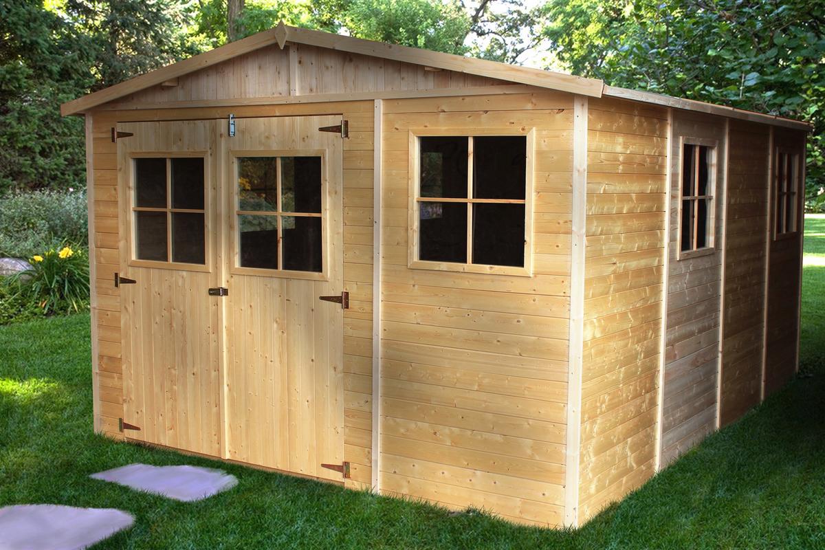 HOLZ-GARTENHAUS MIT IMPRÄGNIERTEM BODEN - H226x418x320 cm/12 m² - M336+336G - Beige, Holz (324/232/395cm) - Timbela
