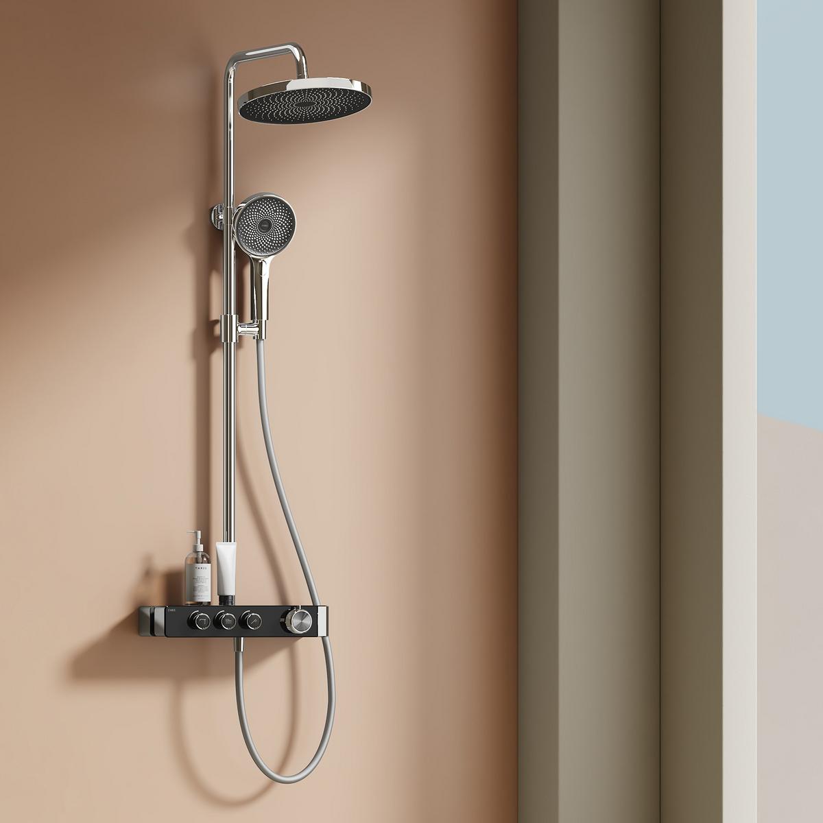 ÜBERKOPFBRAUSESET mit Thermostat Runde Überkopfbrause Vielseitig Chrom - Chromfarben, Metall (35.5/119/40cm) - EMKE
