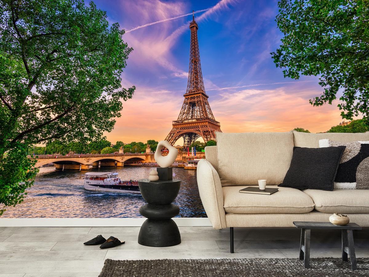 FOTOTAPETE Eiffelturm Paris Architektur 3D 450x315 - Blau/Gelb, Papier (450/315cm) - Muralo