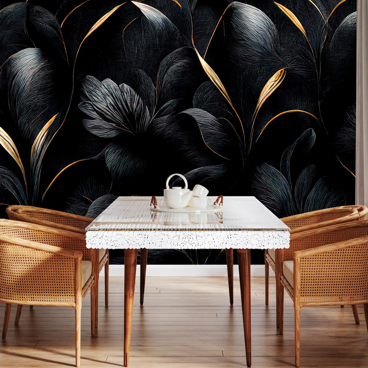 FOTOTAPETE für Wohnzimmer Schwarze Blätter Gold Luxus 100x70 - Goldfarben/Schwarz, Papier (100/70cm) - Muralo