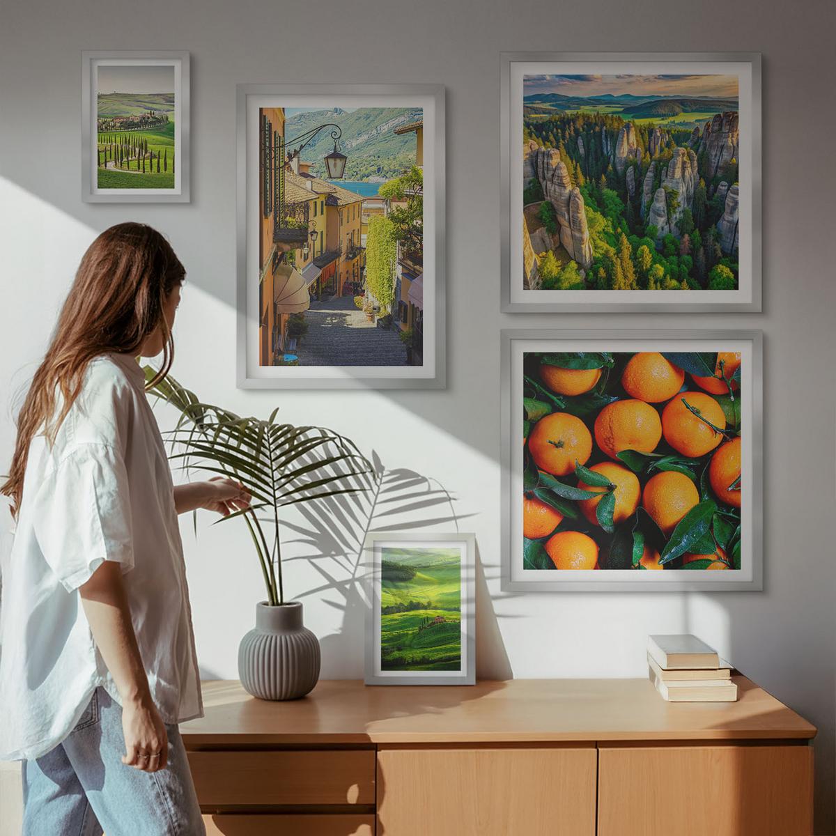 BILDER SET 5er Set - 50x50 cm & 20x30 cm & 40x60 cm Silberner Rahmen - Italienische Landschaft Orangen Natur - Silberfarben, Kunststoff (40/60cm) - TULUP