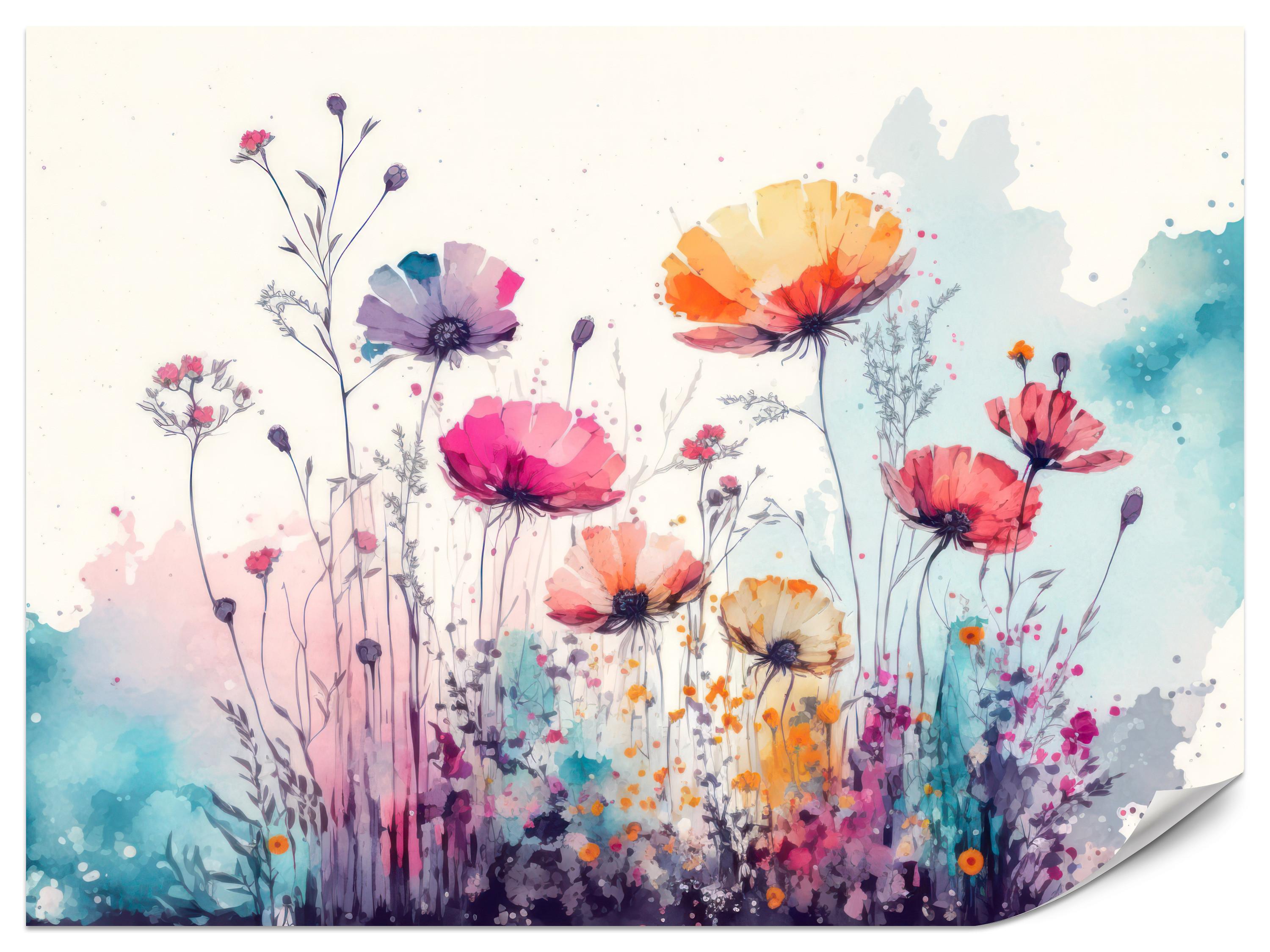FOTOTAPETE für Schlafzimmer Abstrakte Bunte Wiesenblumen Aquarell 350x256 - Türkis/Rot, Papier (350/256cm) - Muralo