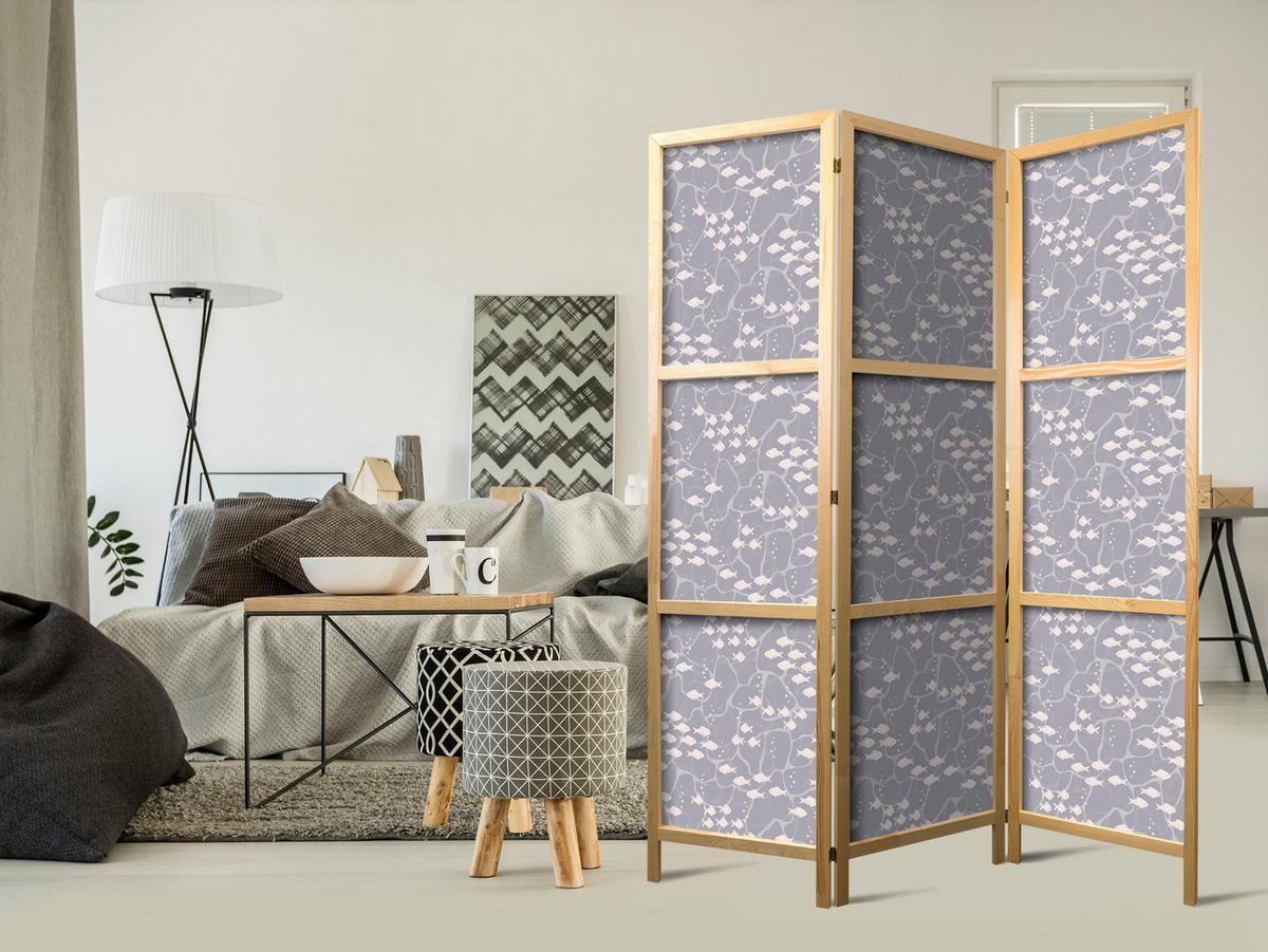 PARAVENT Japanischer 3-tlg 135x172 cm Fischschwarm - Grau, Holz/Textil (135/172/3cm) - Muralo