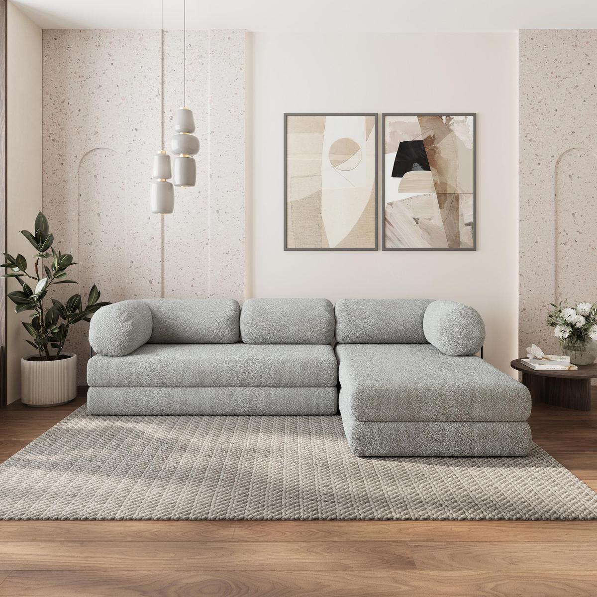 ECKSOFA KELI modulares Boneless Sofa mit Schlaffunktion Hellgrau Boucle-Stoff - Hellgrau, Textil (270/160cm) - MASSENO