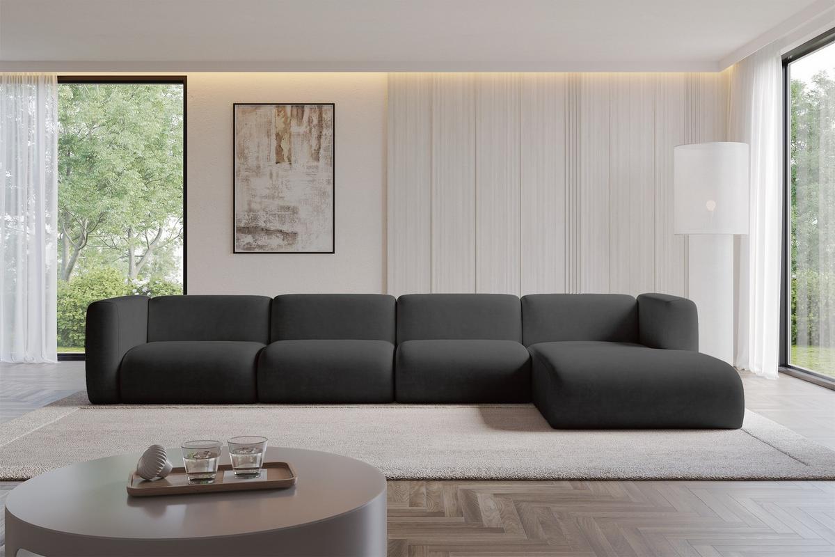 ECKSOFA Ottomane Rechts MIRA-L3 409x179x70 Schwarz Velours - Anthrazit/Schwarz, Holzwerkstoff/Kunststoff (409/179cm) - ALTDECOR