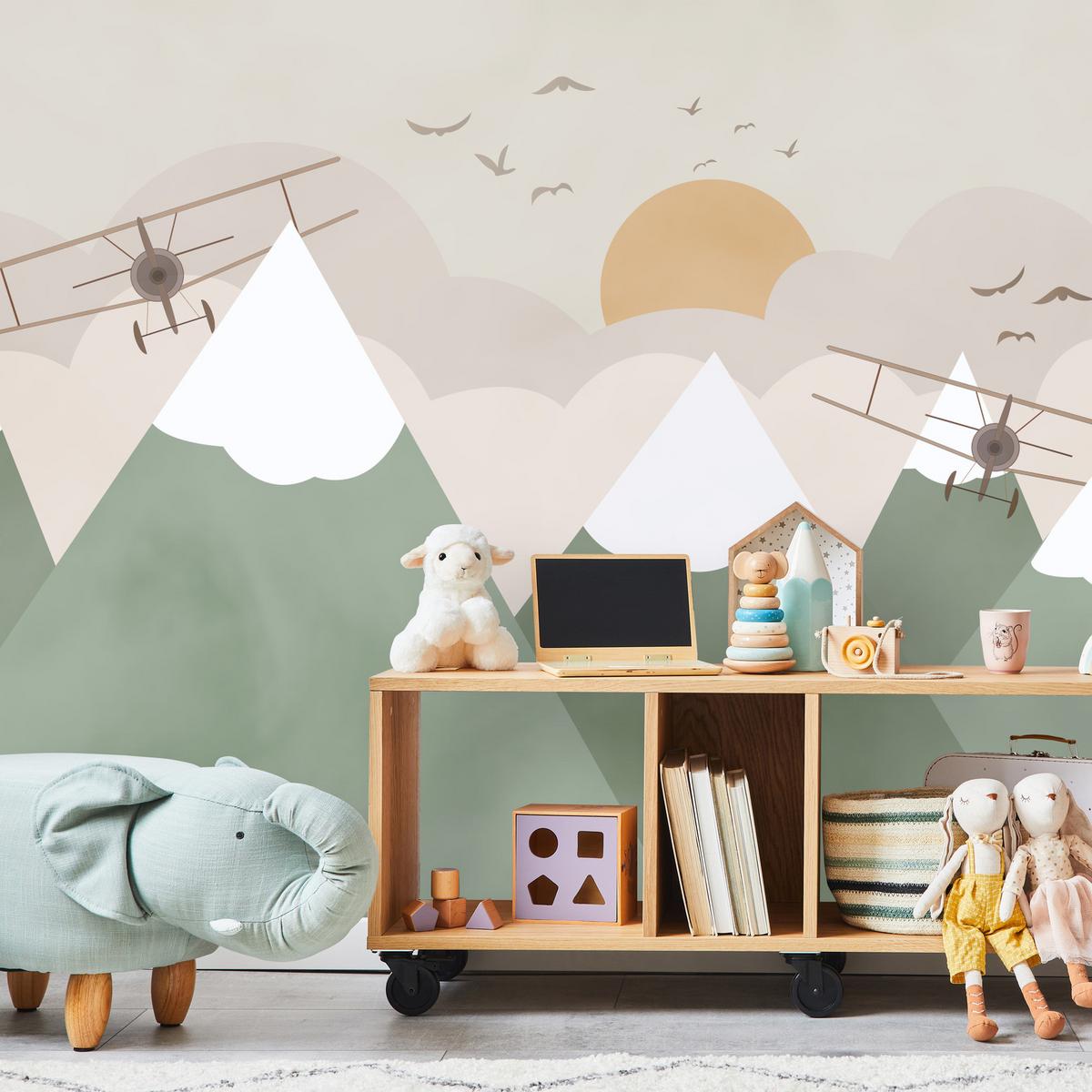 FOTOTAPETE für Kinderzimmer Berge Flugzeuge Wolken 400x280 - Beige/Orange, Papier (400/280cm) - Muralo