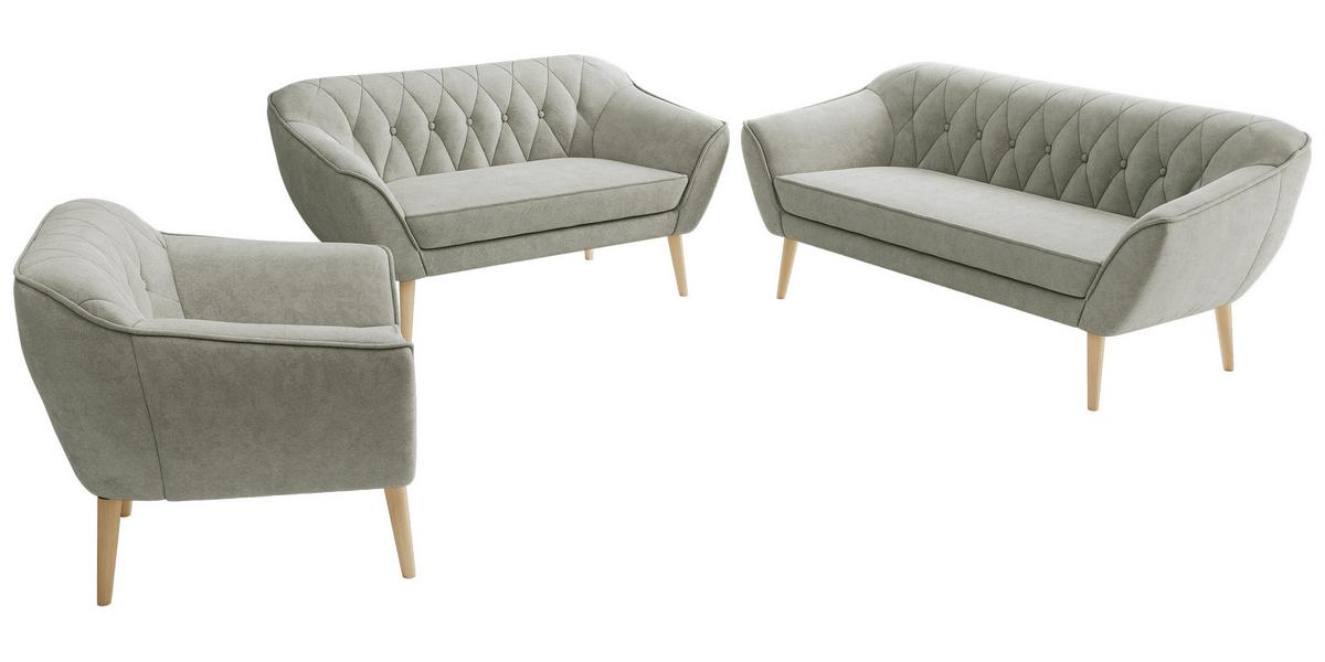 SITZGARNITUR PIRS 3+2+1 - Hellgrau Strukture - Holzbeine - Silberfarben/Buchefarben, Holzwerkstoff/Textil (180/75/74cm) - MKS