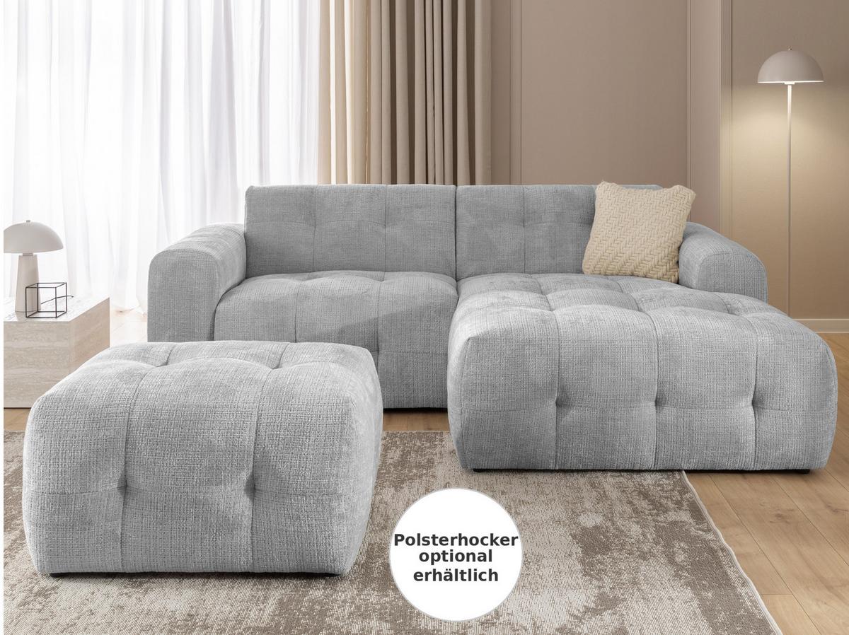 ECKSOFA mit Ottomane rechts, raffinierten Steppungen, Wellenunterfederung, B234/T161/H79 cm, Chenille-Bezug in Hellgrau / 21043 - Hellgrau/Schwarz, Kunststoff/Textil (234/79/161cm) - luma-home