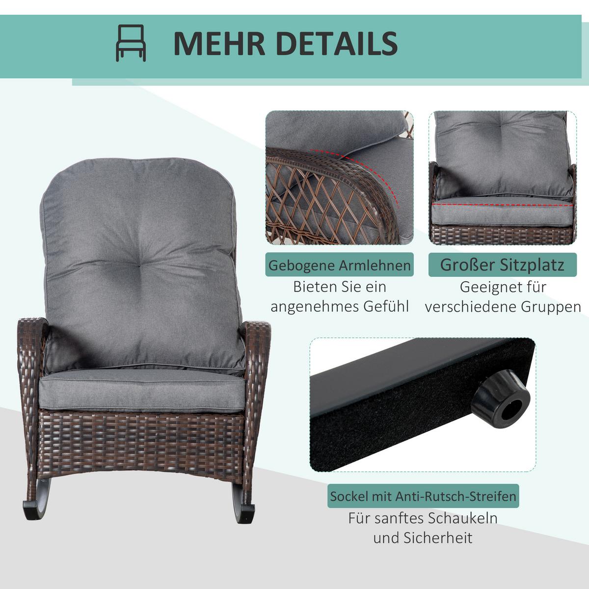 POLY Rattan Schaukelstuhl mit Kissen Braun 75 x 98 x 91 cm - Braun, Kunststoff (98/91/75cm) - Outsunny