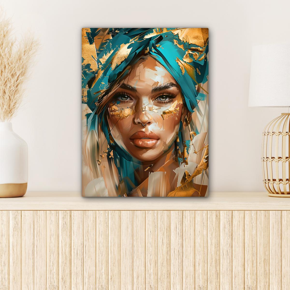 LEINWANDBILD Frau - Porträt - Gold - Luxus - Blau Room Decor 30x40 cm - Türkis, Textil (30/40cm) - MuchoWow