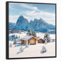 LEINWAND Bilder mit Rahmen - Winter - Hütte - Berge - Aussicht - Schnee - 50x50 - Eichefarben, Textil (50/50cm) - MuchoWow