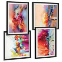 BILDER SET 4er Set - 50x50 cm & 40x60 cm Schwarzer Rahmen - Farbenfrohe Abstraktionen der Form - Schwarz, Kunststoff (50/50cm) - TULUP
