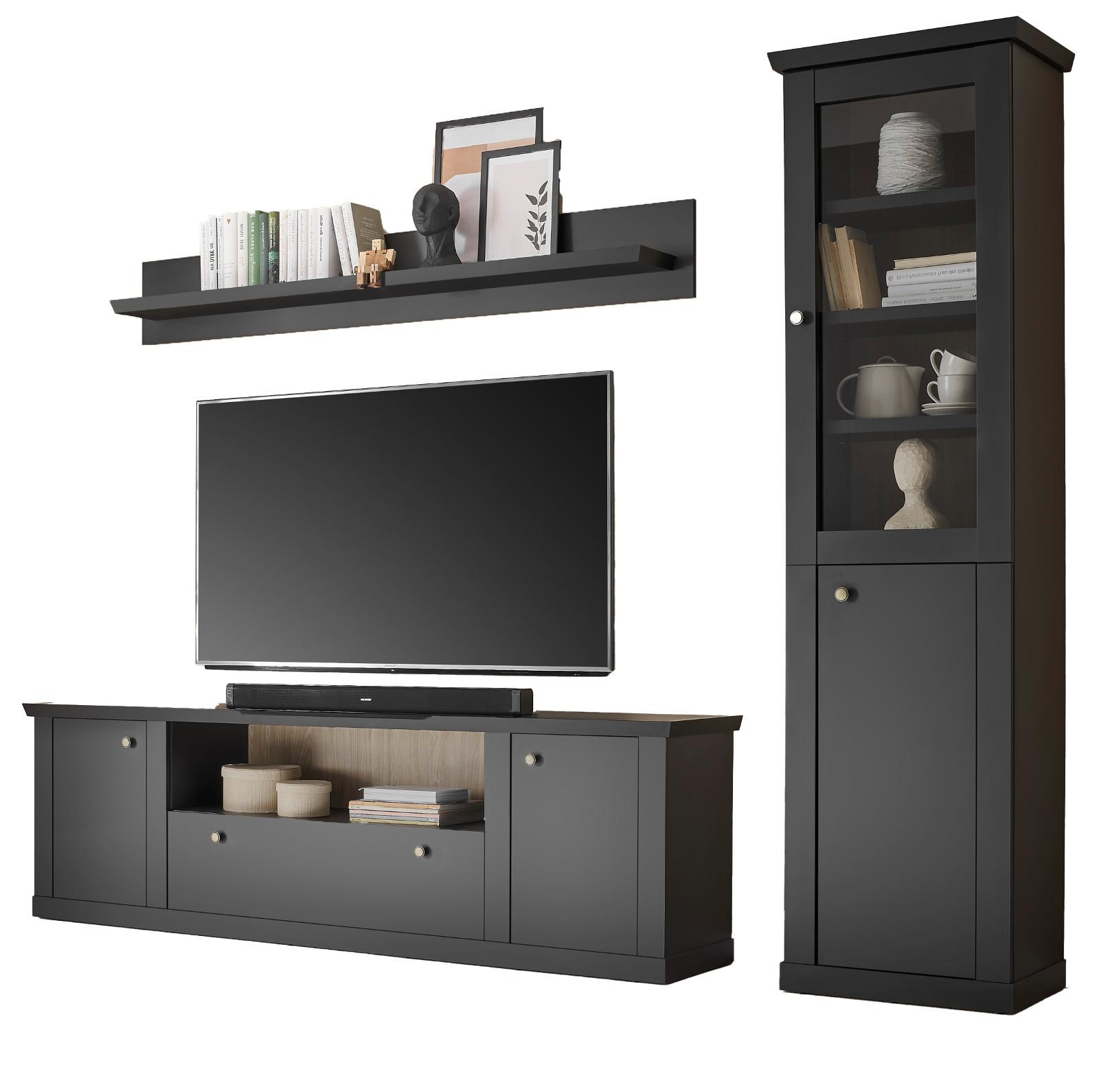 WOHNWAND schwarz matt, Eiche 3-teilig 270 cm, Wohnkombination mit Soft-Close - Eichefarben/Messingfarben, Glas/Holzwerkstoff (270/200/42cm) - Furn.Design