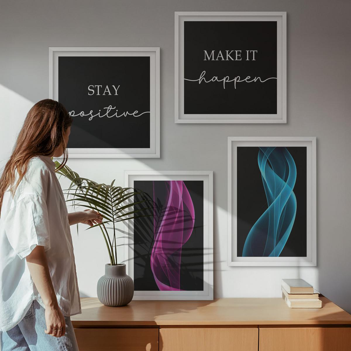 BILDER SET 4er Set - 50x50 cm & 40x60 cm Weißer Rahmen - Neonlinienwellen im Hintergrund - Weiß, Kunststoff (50/50cm) - TULUP