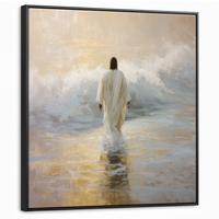 LEINWAND Bilder mit Rahmen - Gemälde - Welle - Jesus - Abstrakt - 90x90 - Goldfarben, Textil (90/90cm) - MuchoWow
