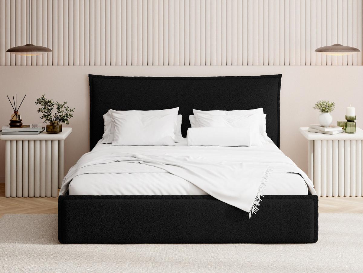 POLSTERBETT Pillow mit Bettkasten, Metall-Lattenrost und hohem Kopfteil - Schwarzer Bouclé 140x200 cm - Birkefarben/Schwarz, Holz/Kunststoff (140/200cm) - WFL GROUP