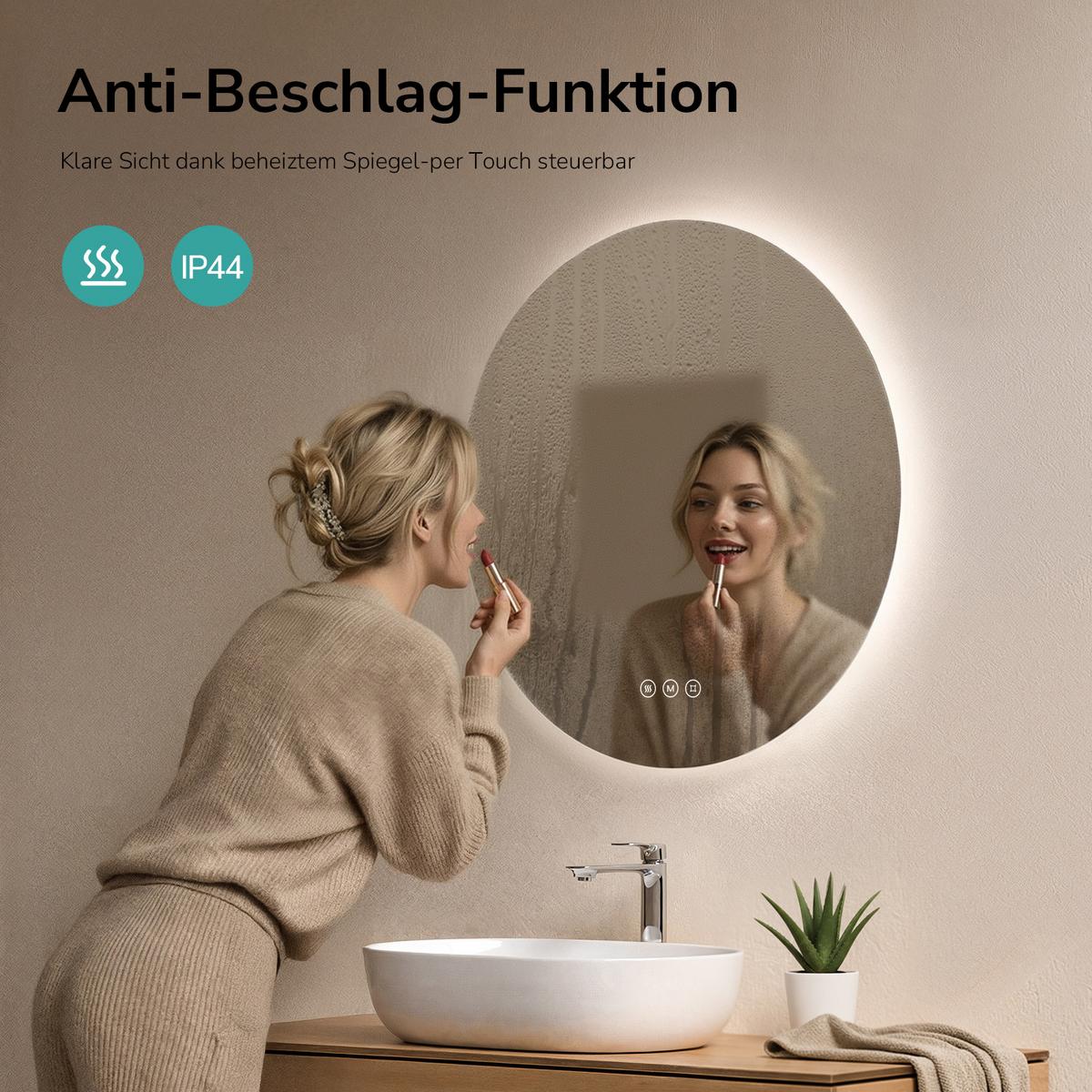 BADSPIEGEL Rund mit Beleuchtung Rahmenlos, 3 Lichtfarben, beschlagfrei, Ø 70 cm - Transparent, Glas (70/70/3cm) - EMKE