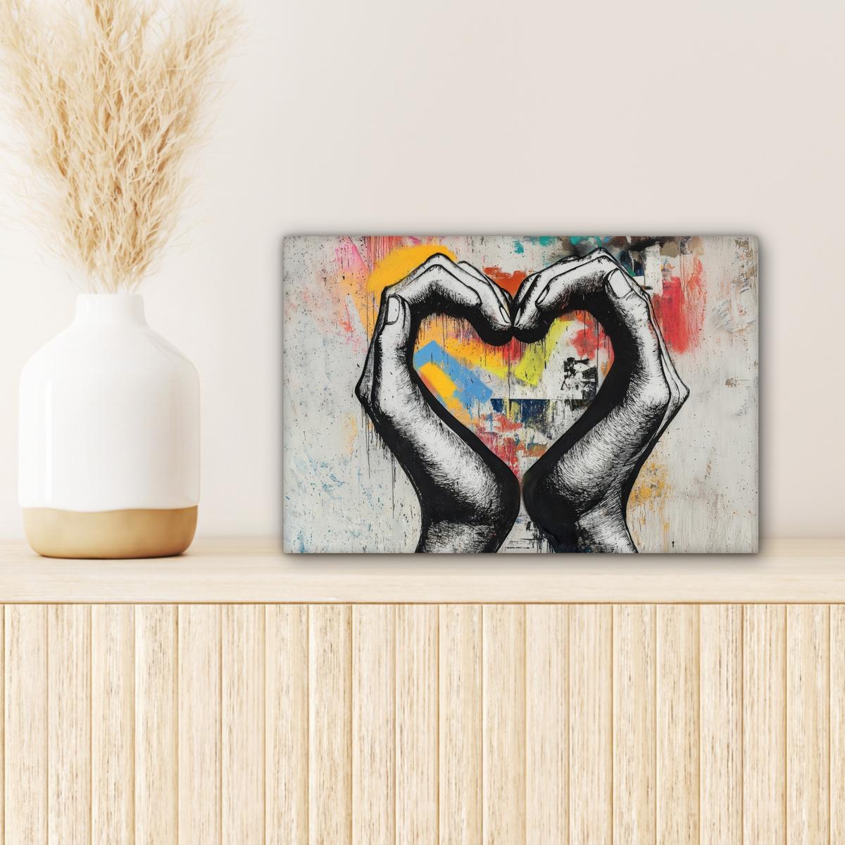 LEINWANDBILD Hände - Herz - Straßenkunst - Graffiti Deko Schlafzimmer 30x20 cm - Multicolor, Textil (30/20cm) - MuchoWow