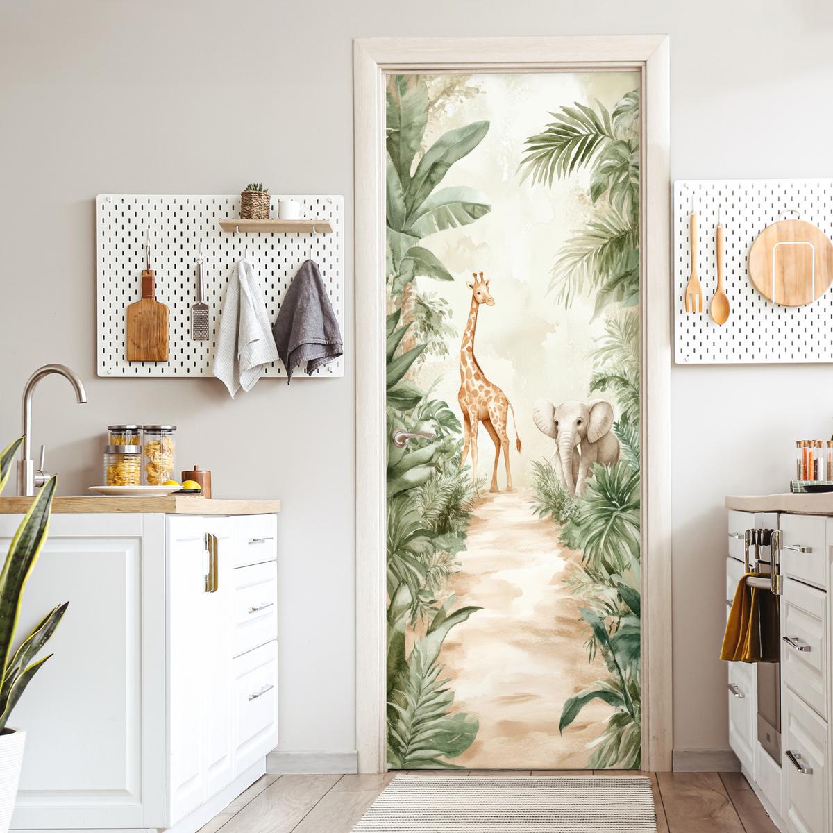 TÜRAUFKLEBER Dschungel - Giraffe - Elefant - Grün - Natur 90x235 cm - Türtapete - Eukalyptusholzfarben, Kunststoff (90/0.1cm) - MuchoWow