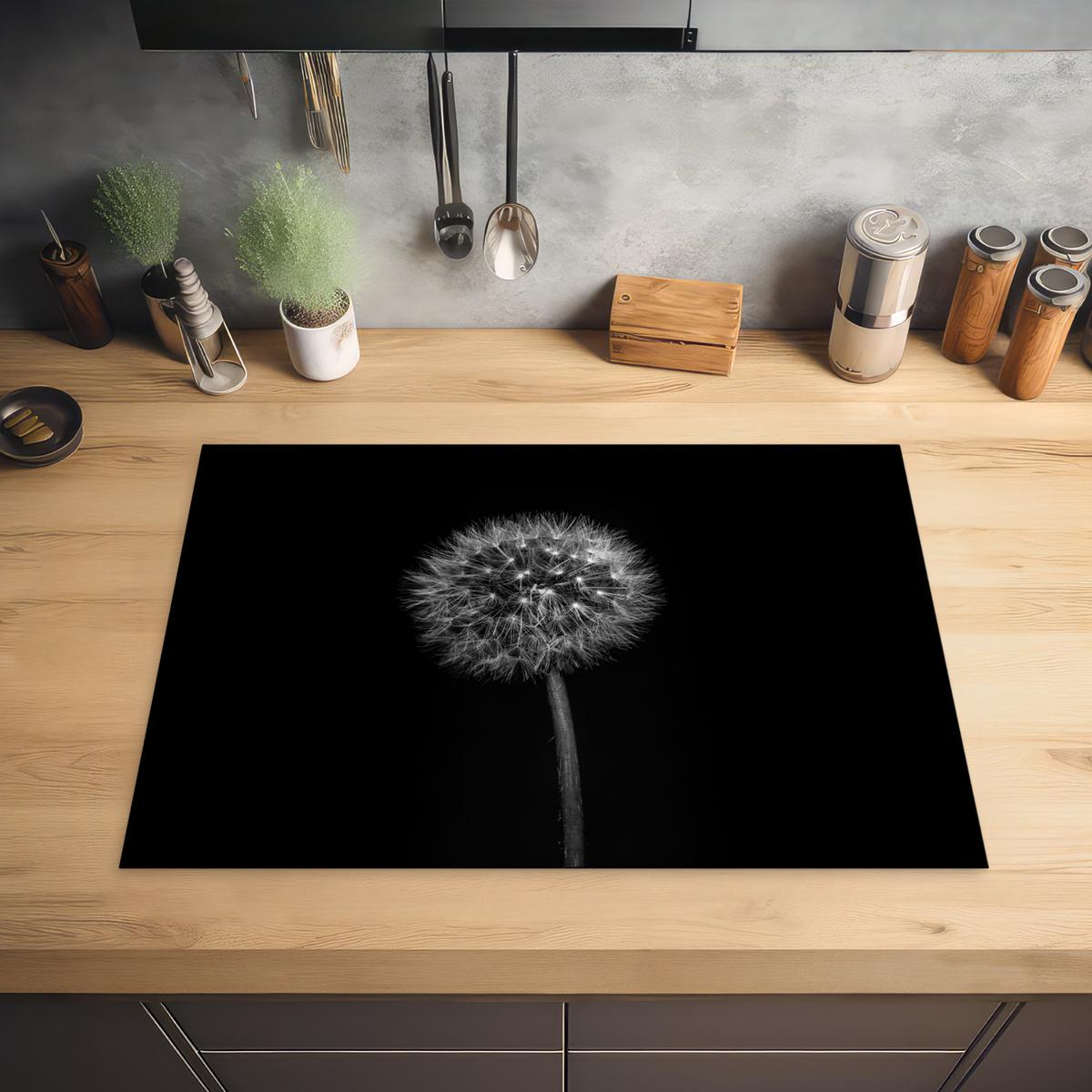 HERDABDECKPLATTE Löwenzahn - Schwarz - Floral - Botanisch Herdabdeckung Induktionsfeld 75x52 cm - Grau, Kunststoff (75/52/0.2cm) - MuchoWow