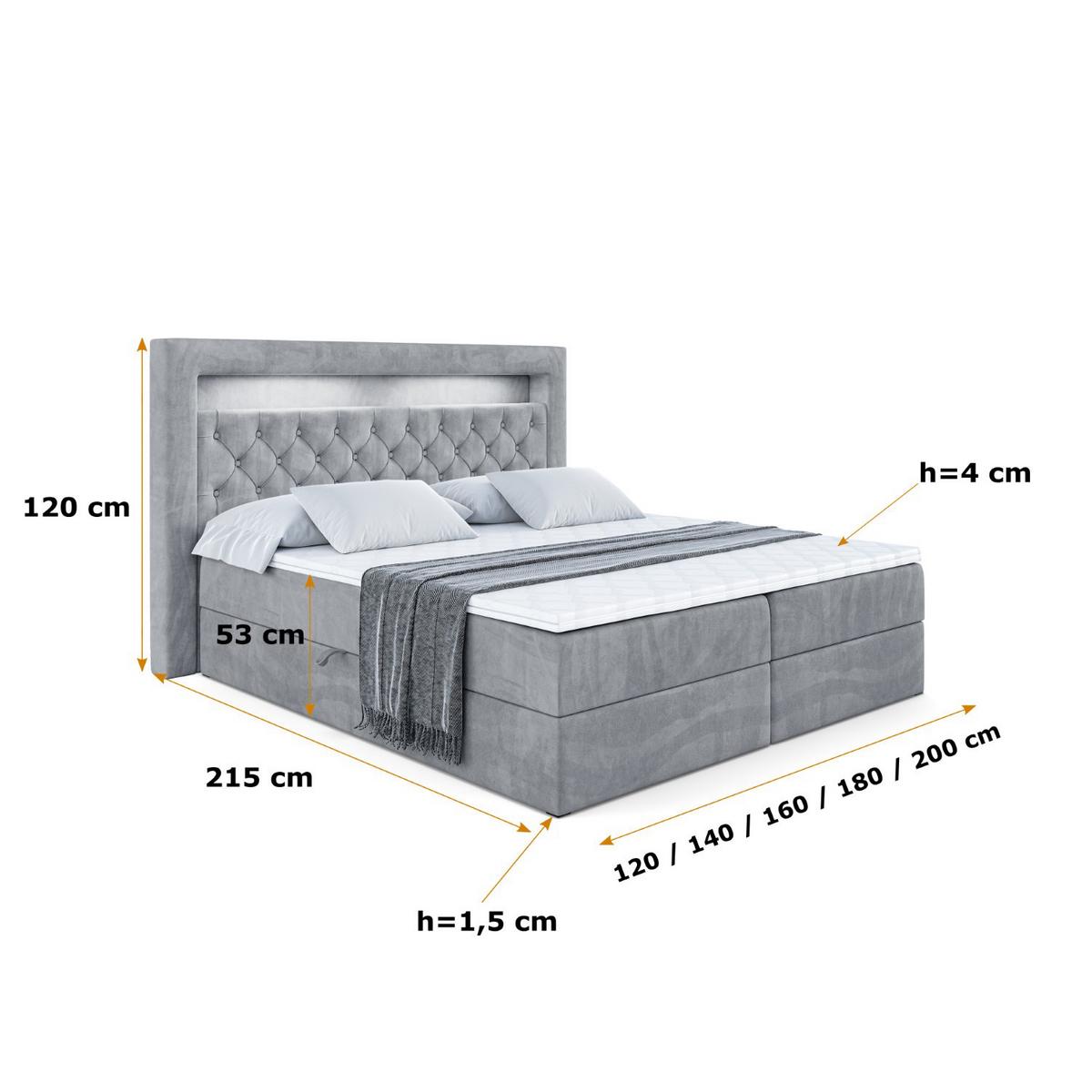 BOXBETT LED mit H3-Matratze und Lattenrost - NOEL GOLD - 140x200 Grau - Grau, Holzwerkstoff (140/200cm) - ALTDECOR