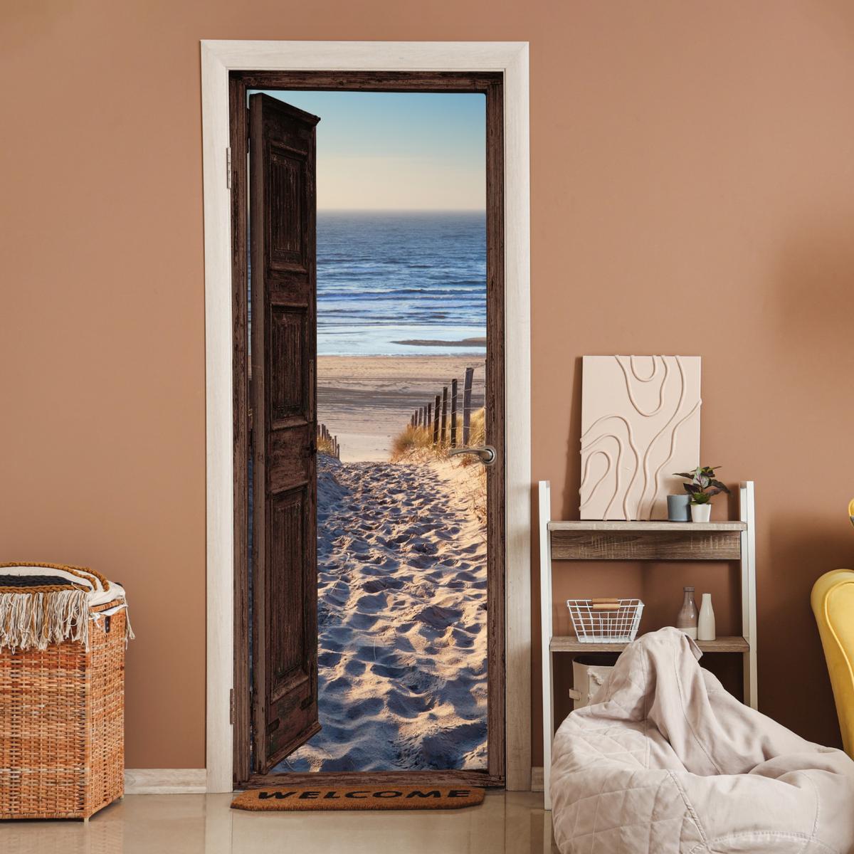 TÜRAUFKLEBER Durchblick - Strand - Meer - Weg - Dünen 90x235 cm - Türtapete - Sandfarben, Kunststoff (90/0.1cm) - MuchoWow