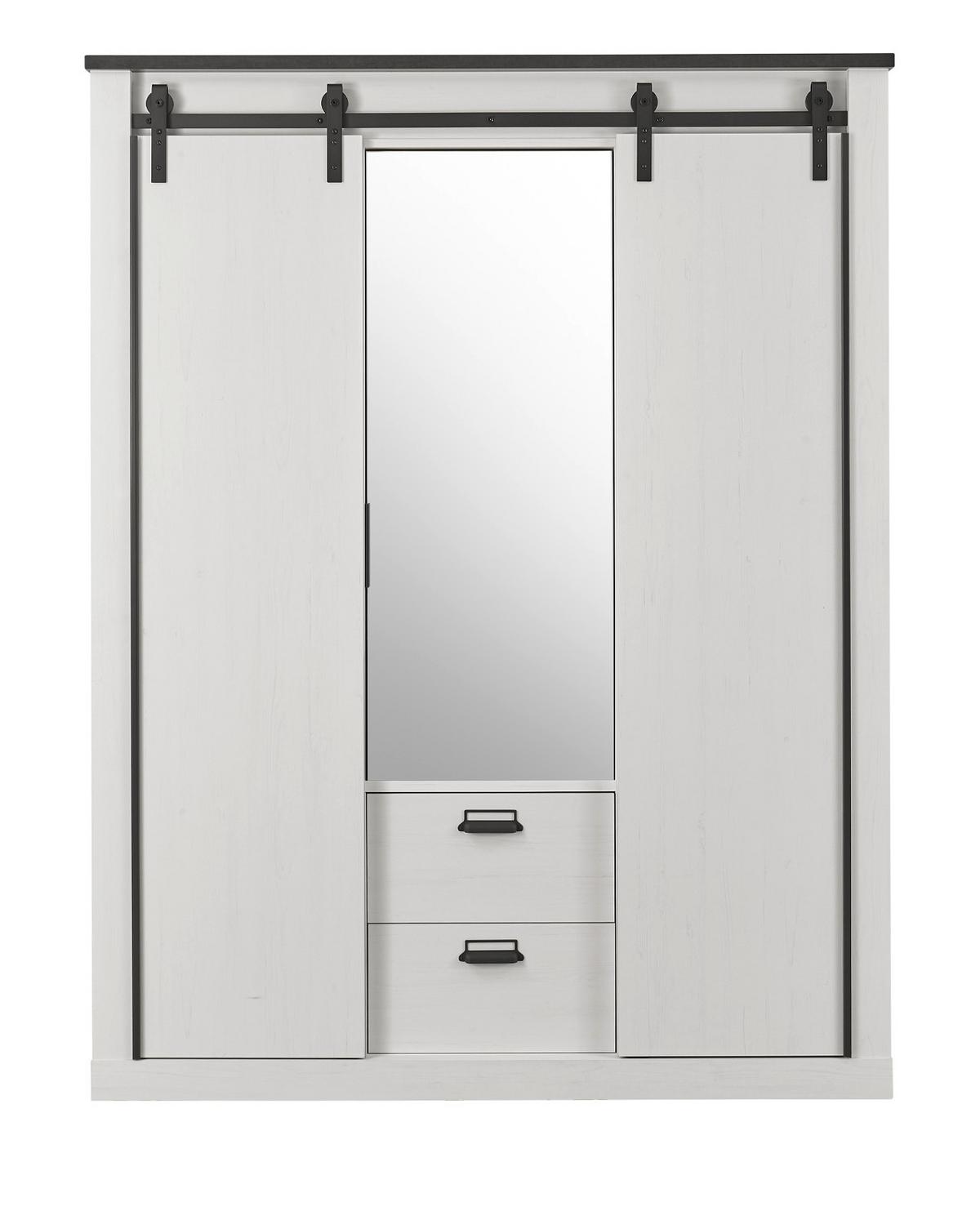 KLEIDERSCHRANK weiß Pinie, anthrazit Landhaus, Schiebetürenschrank 3-türig mit Spiegel 163 x 209 - Anthrazit/Weiß, Holzwerkstoff/Metall (162/209/63cm) - Furn.Design