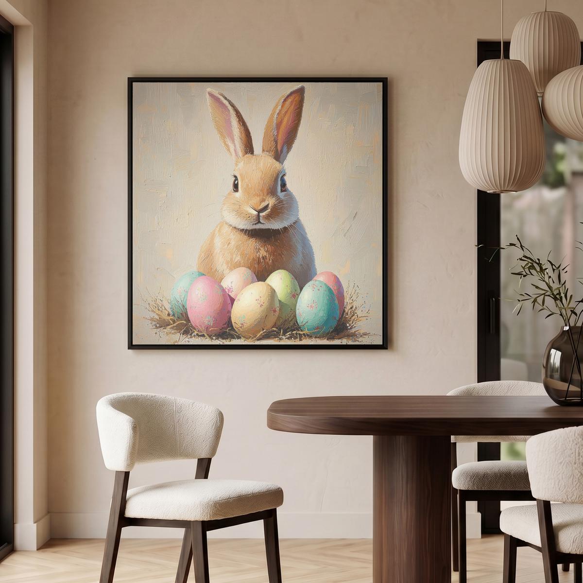 LEINWAND Bilder mit Rahmen - Osterhase - Pastell - Eier - 90x90 - Beige, Textil (90/90cm) - MuchoWow