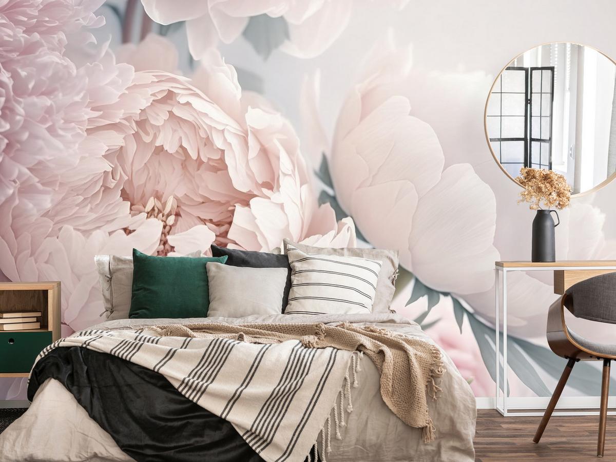 FOTOTAPETE für Schlafzimmer Große Blumen Rosa Pfingstrosen 450x315 - Rosa/Grün, Papier (450/315cm) - Muralo