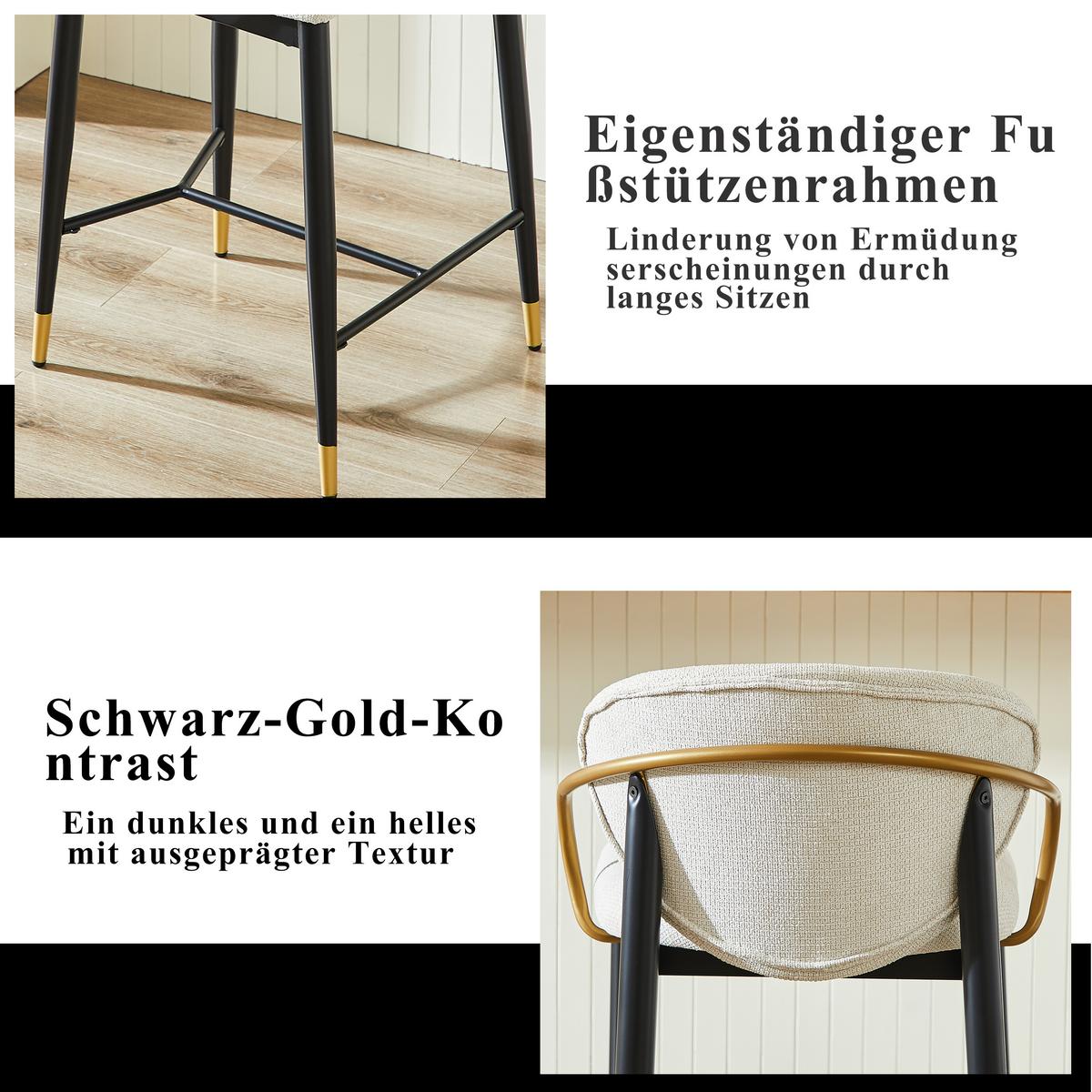 BARHOCKER 2ER-SET aus Chenille in Beige, Schwarz und Gold, mit Rückenlehne und Höhenausgleich - Beige, Textil (52/87/57cm) - Urban Meuble