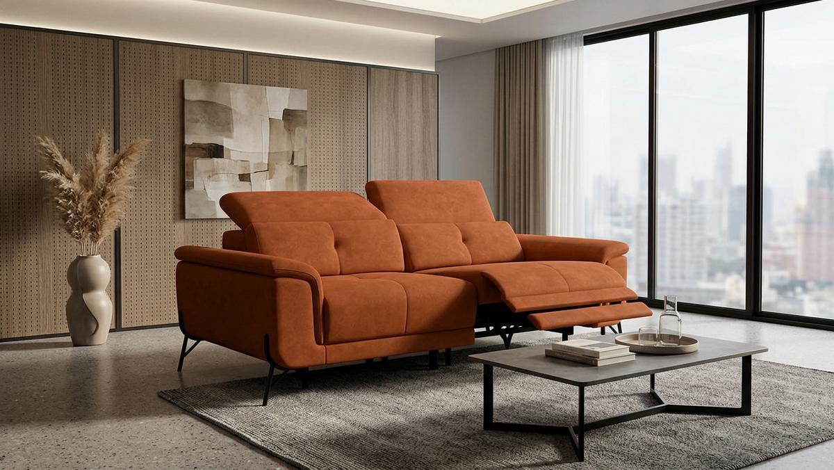 SOFA RELAX AVENA 3-Sitzer, dunkeloranger Veloursstoff - Dunkelorange/Schwarz, Holz/Textil (204/80/108cm) - Courtois Laville