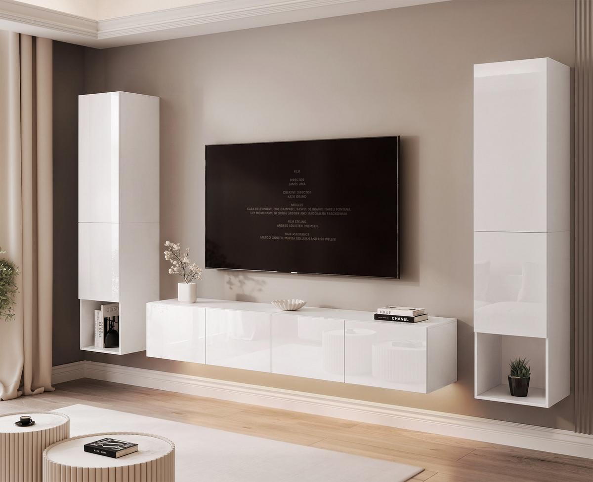 WOHNWAND ANGEL LINE II 3-teilig, mit LED-Beleuchtung, Weiß Hochglanz - Weiß Hochglanz, Holzwerkstoff (280/180/40cm) - Idohome