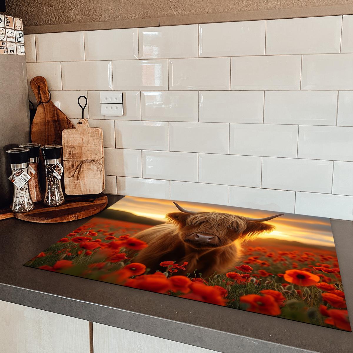 HERDABDECKPLATTE Schottische Highlander - Rosen - Blumenfeld - Sonnenuntergang Herdabdeckung Induktionsfeld 75x52 cm - Rotbraun, Kunststoff (75/52/0.2cm) - MuchoWow